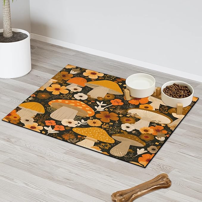 Mushroom Dog Food Mat for Floors Absorbent Dog Bowl Mat for Food and Water Dispenser Quick Dry Cat Food Placemat Pet Supplies 24" x 32", Wildflower