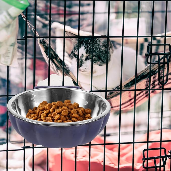 TEHAUX Hanging Pumpkin Pet Bowl Small Blue, Detachable Stainless Steel Dog and Cat Feeding Water Bowl for Crate and Cage Puppy Supplies