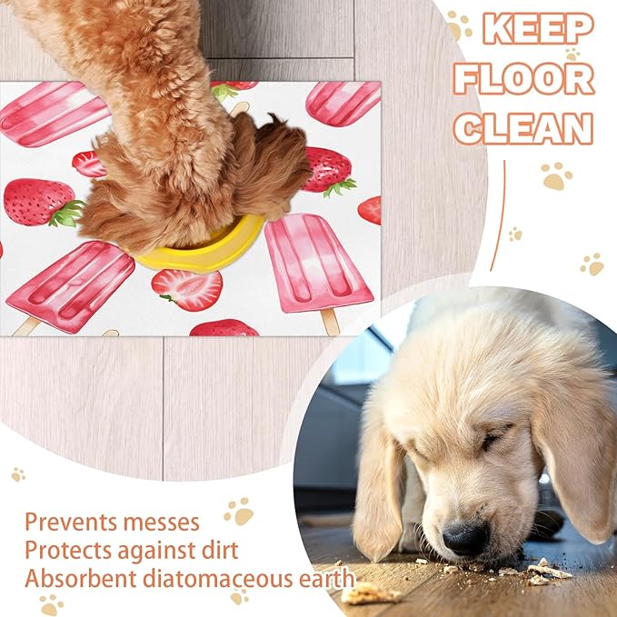 Ice Cream Dog Food Mat for Floors Absorbent Dog Bowl Mat for Food and Water Dispenser Quick Dry Cat Food Placemat Pet Supplies 12" x 20", Strawberry