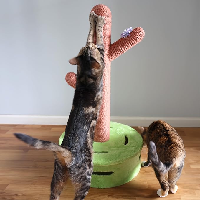 CTR1004A Rosa 36" Modern Jute Cactus Cat Scratching Post with Flower Toys and Built-in Bell Toys, Pink/Green