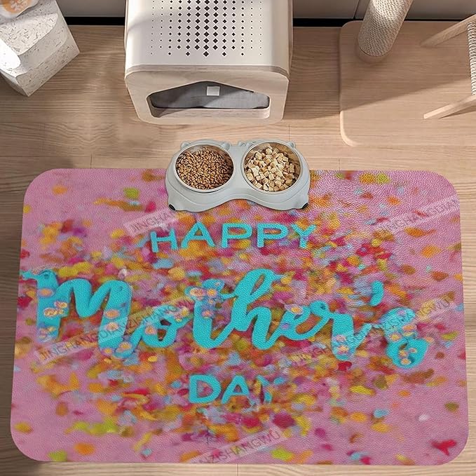 Dog Food Mat Dog Mat for Food and Water 18X12In Happy Mother's Day Floral Gift Mom Fc No Stains Cat Pet Feeding Mats Water Bowl for Messy Drinkers