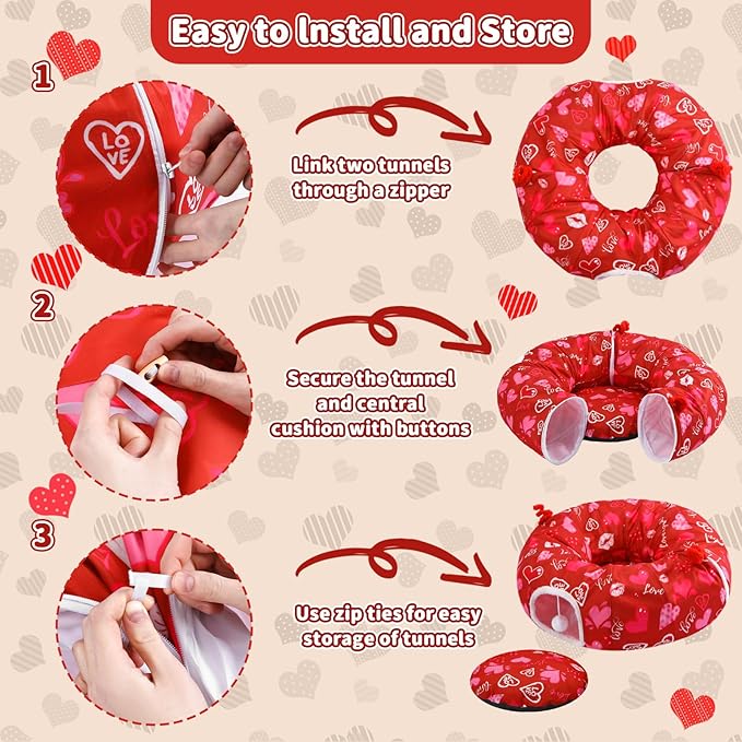 Valentines Day Cat Beds for Indoor Cute Red Love Heart Valentine Cat House Donut Tunnel Toys with Washable Circle Cushion, Round Pet Peekaboo Cave Toy for Kitten/Puppy/Rabbit