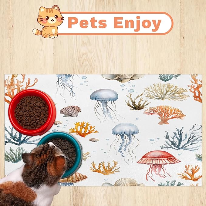Sea Jellyfish Dog Food Mat for Floors Absorbent Dog Bowl Mat for Food and Water Dispenser Quick Dry Cat Food Placemat Pet Supplies 24" x 32", Coral Coastal