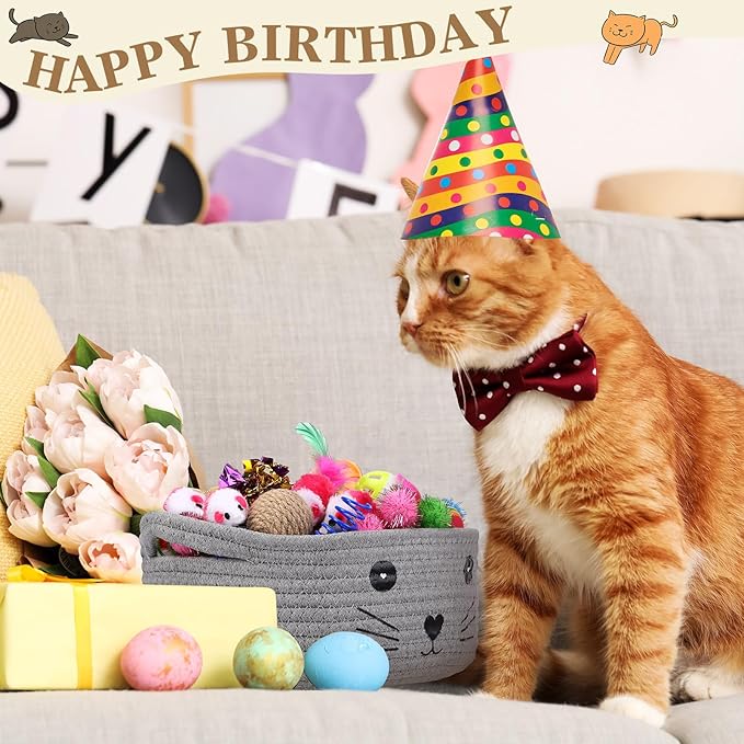 Zopeal 58 Pcs Easter Cat Storage Basket Gift Toys Set, Colorful Flashing Balls Pet Bell Crinkle Balls Spring Toys Attract Cat to Swat, Hunt, Interactive for Pet(Grey,9.8 Inch)
