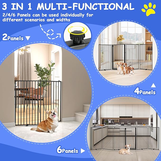 6 Panels Metal Freestanding Dog Gates with Door,120''W Detachable Foldable Dog Fence Indoor Outdoor Puppy Gate, 32''H Free Standing Tall Pet Gate for Doorways,House,Stairs,Porch,Deck,Yard