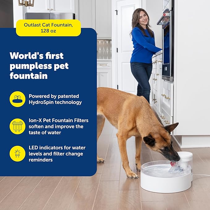 PetSafe Outlast Cat Fountain - Encourages Healthy Hydration - Pump-Free Design with HydroSpin Technology - Automatic Pet Water Bowl - Dishwasher-Safe - Long-Lasting - 128 oz