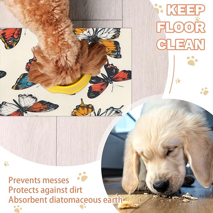 Colorful Butterfly Dog Food Mat for Floors Absorbent, Quick Dry Water Dispenser Mat for Food, Water, Pet Supplies 16" x 24", Watercolor Animal