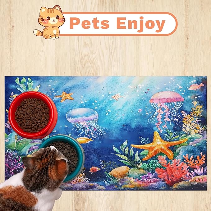 Undersea Nautical Dog Food Mat for Floors Absorbent Dog Bowl Mat for Food and Water Dispenser Quick Dry Cat Food Placemat Pet Supplies 24" x 32", Starfish Coral