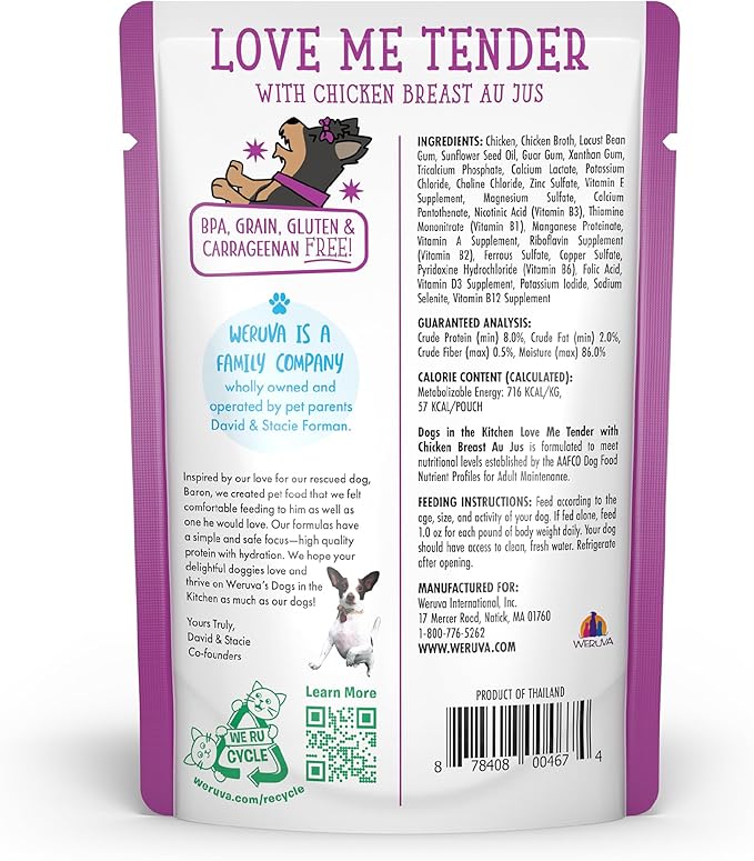 Weruva Dogs in The Kitchen, Love Me Tender with Chicken Breast Au Jus Dog Food, 2.8oz Pouch (Pack of 12), Purple