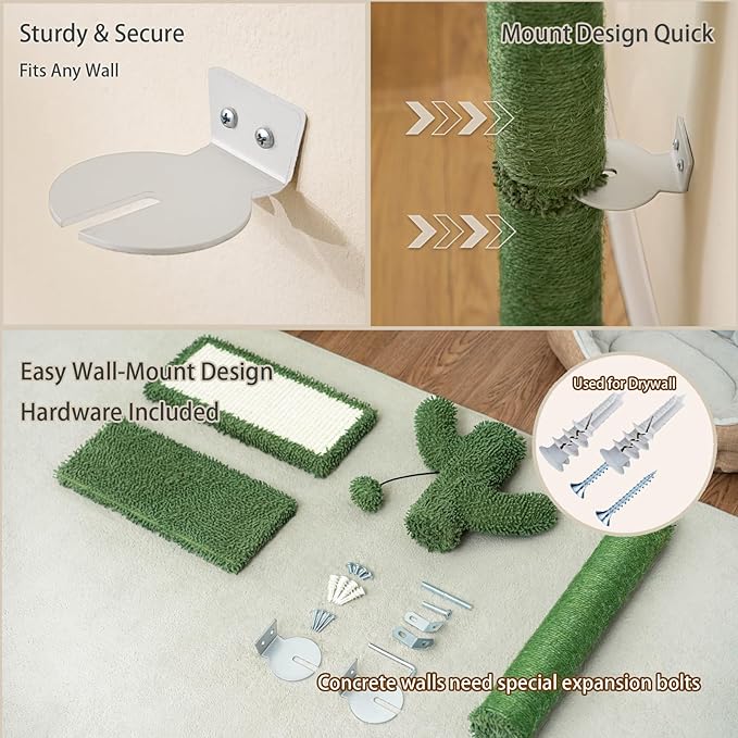 Cactus Wall-Mounted Cat Climbing Tree – Heavy-Duty Sisal Scratching Post with Slanted Board & Hanging Toy – Drill-Mount for All Wall Types, Space-Saving Decorative Cat Furniture