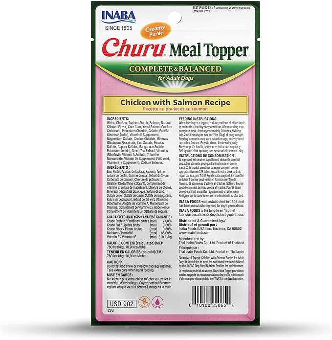 INABA Churu Meal Topper for Dogs, Complete & Balanced, Creamy, Lickable Purée Dog Food Topper, 0.5 Ounce Tube, 12 Tubes (4 per Pack) Chicken with Salmon Recipe