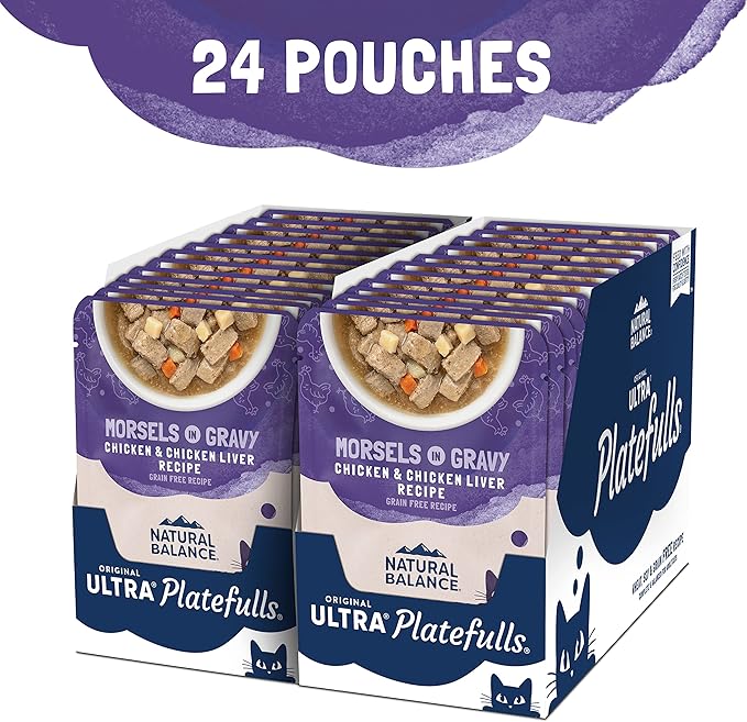 Natural Balance Original Ultra Platefulls Indoor Adult Grain Free Wet Cat Food, Chicken & Chicken Liver Recipe, 3 Ounce Pouch (Pack of 24)