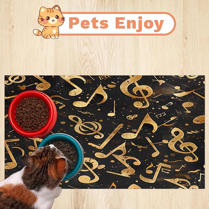 Gold Note Dog Food Mat for Floors Absorbent Dog Bowl Mat for Food and Water Dispenser Quick Dry Cat Food Placemat Pet Supplies 16" x 24", Music