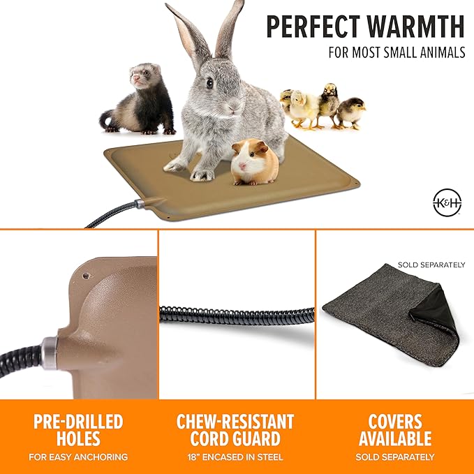 K&H Pet Products Small Animal Outdoor Heated Pad, Waterproof, Chew Resistant, Safety Listed, Indoor Outdoor Heater Warming Pad for Cat Houses, Rabbit Hutches, or Chick Brooders - 12 X 9in Tan 20W
