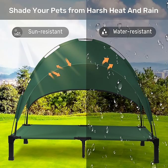 Heeyoo Elevated Dog Bed with Canopy, Portable Dog Cot with Removable Shade Tent, Outdoor Raised Pet Cot Cooling Bed for Dogs