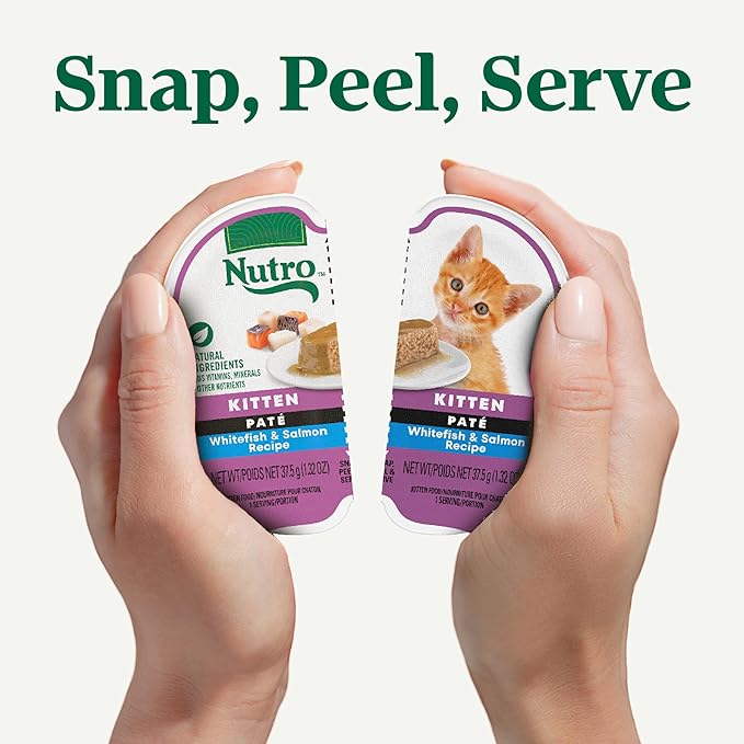 Nutro Perfect Portions Wet Kitten Food Pate Whitefish and Salmon Recipe, Pate Wet Cat Food, 2.6 oz. Twin-Pack Trays, 24 Count, 48 Servings