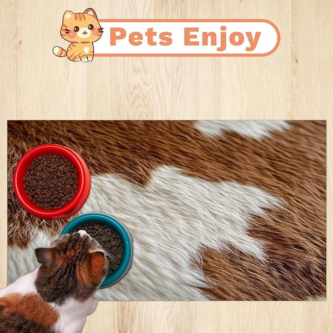 Cow Print Dog Food Mat for Floors Absorbent Dog Bowl Mat for Food and Water Dispenser Quick Dry Cat Food Placemat Pet Supplies 12" x 20", Brown White Fur