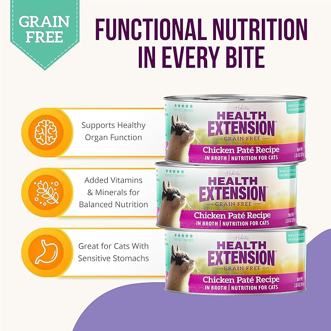 Health Extension Chicken Recipe Grain-Free Wet Cat Food, 2.8 Oz – Fortified with Essential Proteins, Key Vitamins & Minerals, Supports Overall Health, Daily Nutrition (Pack of 24)