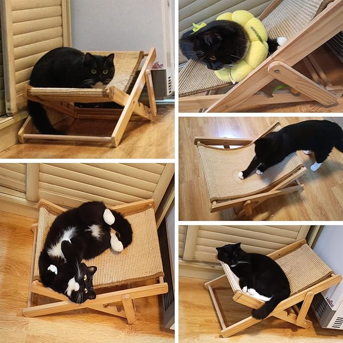 Sisal Cat Chair for Sunbathing,Adjustable Wooden Cat Lounge Chair with Sisal Mat Scratcher 3 Height Beach Kitty Hammock Bed Indoor Outdoor Lounging Scratching Furniture for Kitten Puppy Bunny