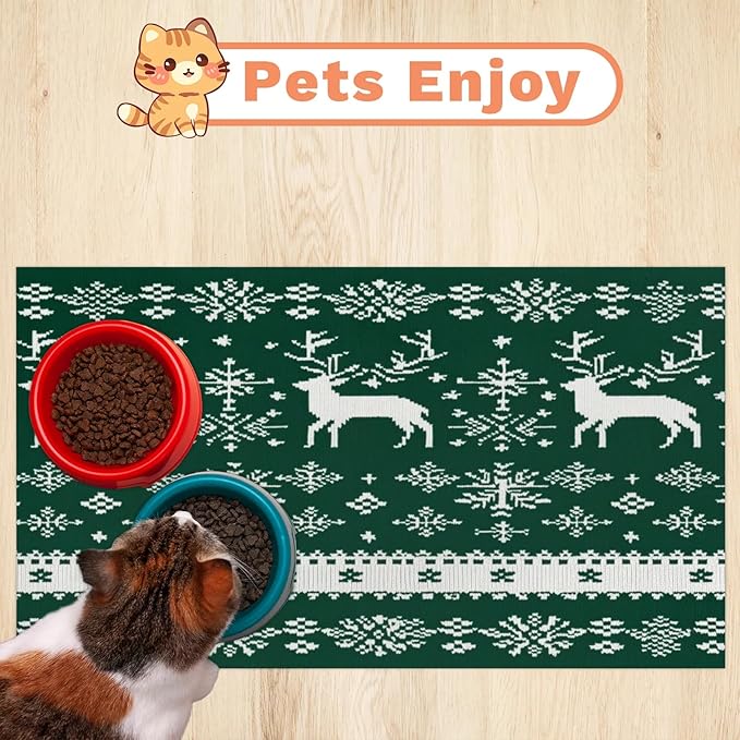 Xmas Deer Dog Food Mat for Floors Absorbent, Quick Dry Water Dispenser Mat for Food, Water, Pet Supplies 17" x 30", Snowflake
