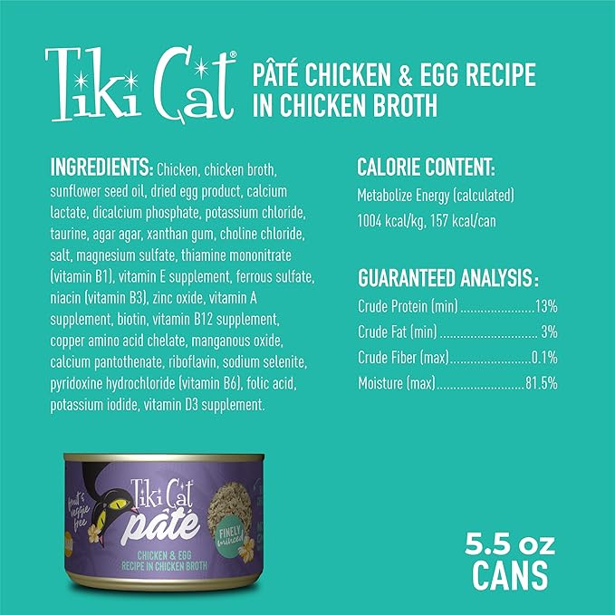Tiki Cat Luau Pâté, Chicken and Egg Recipe in Chicken Broth, Grain-Free Balanced Nutrition Wet Canned Cat Food, for All Life Stages, 5.5 Oz. Cans (Pack of 8)
