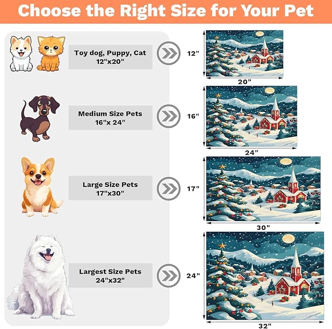 Christmas Xmas Dog Food Mat for Floors Absorbent, Quick Dry Water Dispenser Mat for Food, Water, Pet Supplies 12" x 20", Winter Village