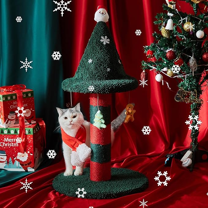 LUCKITTY Cat Scratching Post with 4 Hanging Plush Toy - Christmas Tree Alternative Give Your Cat a Toy and Scratching Post in One with This Ultimate Tree 30 * 15 Inch Red Green