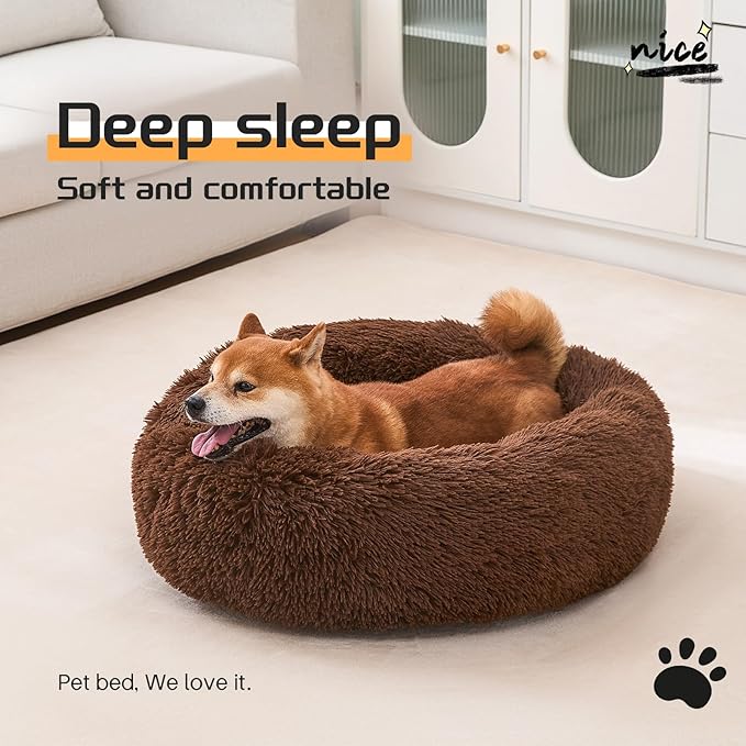 Comfort Donut Dog Bed for Small Dogs, Cat Bed & Pet Bed for Indoor Use, Medium Size with Soft Plush, Round Dog Beds for Large Dogs and Cats(Coffee,36''Lx36''Wx8''Th)