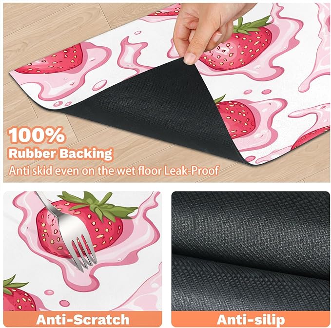 Pink Strawberry Dog Food Mat for Floors Absorbent Dog Bowl Mat for Food and Water Dispenser Quick Dry Cat Food Placemat Pet Supplies 24" x 32", Greean Leaves