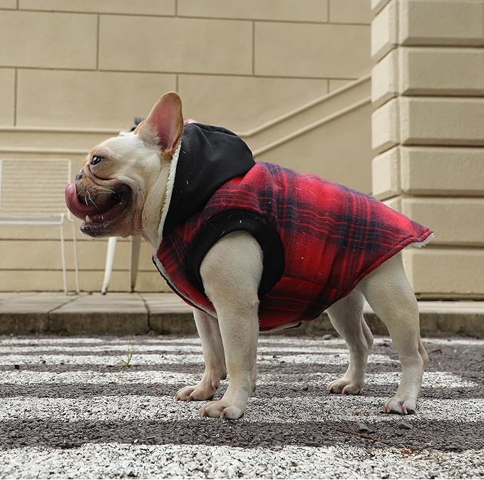 Fleece Lining Dog Hoodie for Medium Dogs Extra Warm Plaid Sweater with Drawstring Hooded Coats in Winter Doggie Jacket,Red XL
