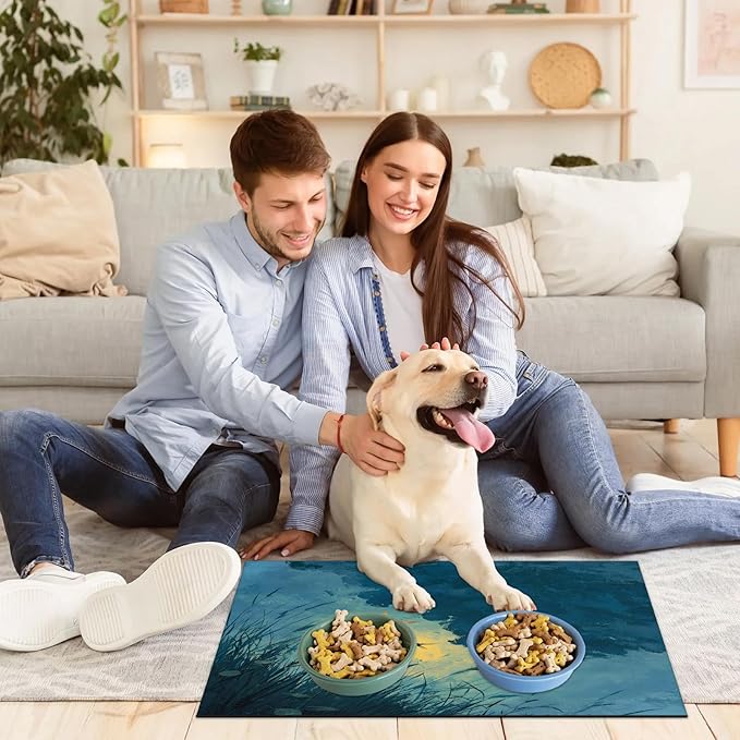Grass Dog Food Mat for Floors Absorbent, Quick Dry Water Dispenser Mat for Food, Water, Pet Supplies 24" x 32", Sky