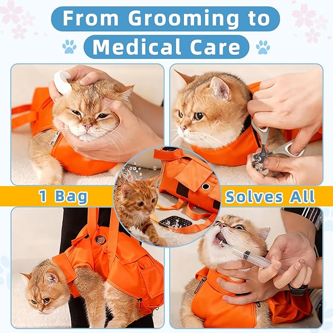 Waterproof Cat Grooming Restraint Bag - Anti-Scratching for Claw Care & Nail Trimming, Ideal for Cat Medical Examination (Orange, S)