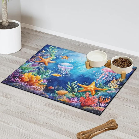 Undersea Nautical Dog Food Mat for Floors Absorbent Dog Bowl Mat for Food and Water Dispenser Quick Dry Cat Food Placemat Pet Supplies 16" x 24", Starfish Coral