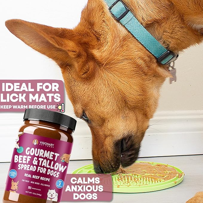 Visionary Pet Foods Beef Meat Spread, Dog Safe and Natural Peanut Butter Alternative - Healthy Digestive Support, No Additives - Lick Mat Treats - 12oz Jar