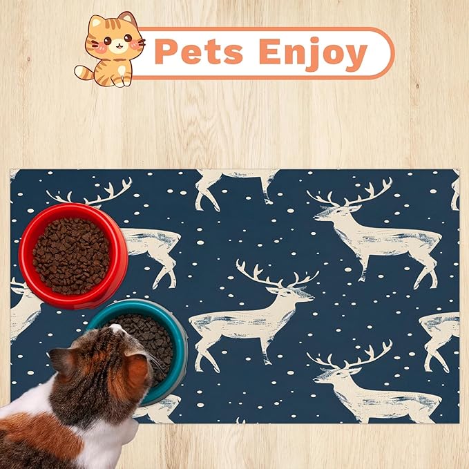 Christmas Deers Dog Food Mat for Floors Absorbent, Quick Dry Water Dispenser Mat for Food, Water, Pet Supplies 16" x 24", Winter Snowflake