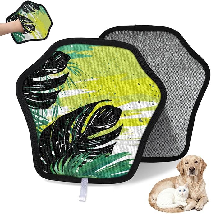 Reusable Pet Hair Removal Glove Palm Leaves Watercolor Magic Brush for Cat & Dog Hair Remover for Car, Sofa, Bedding, Clothes - 9x9 Mitt Washable
