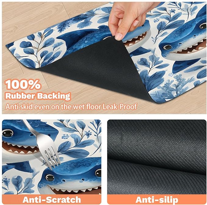 Funny Shark Dog Food Mat for Floors Absorbent Dog Bowl Mat for Food and Water Dispenser Quick Dry Cat Food Placemat Pet Supplies 12" x 20", Coastal Nautical