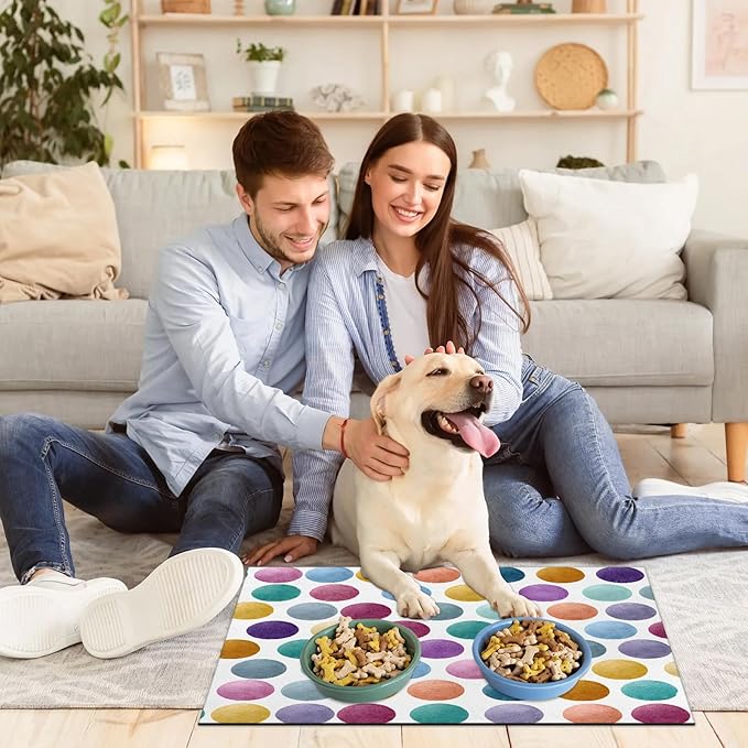 Polka Dots Dog Food Mat for Floors Absorbent Dog Bowl Mat for Food and Water Dispenser Quick Dry Cat Food Placemat Pet Supplies 16" x 24", Watercolor Rainbow