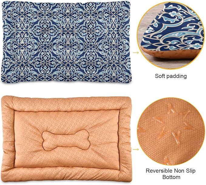 Dog Bed for Crate Washable Pet Sleep Pad, Floral Motif Kennel Mat with Non-Slip Bottom, Soft Fluffy Supplies Pet for Dogs and Cats (24x18 inch)
