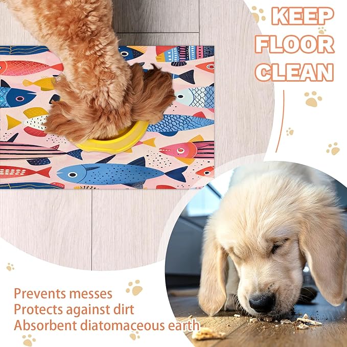 Watercolor Fish Dog Food Mat for Floors Absorbent Dog Bowl Mat for Food and Water Dispenser Quick Dry Cat Food Placemat Pet Supplies 16" x 24", Ocean
