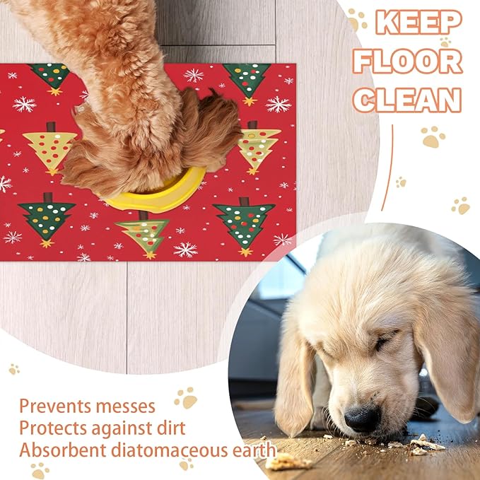 Xmas Trees Dog Food Mat for Floors Absorbent, Quick Dry Water Dispenser Mat for Food, Water, Pet Supplies 17" x 30", Christmas Snowflakes