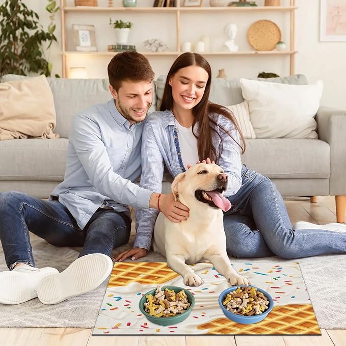 Ice Cream Dog Food Mat for Floors Absorbent Dog Bowl Mat for Food and Water Dispenser Quick Dry Cat Food Placemat Pet Supplies 24" x 32", Sweet Donut