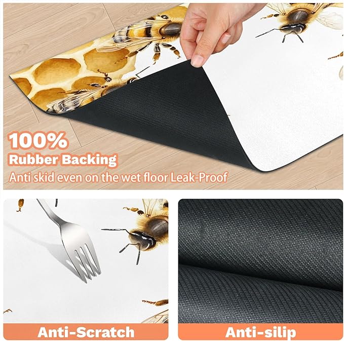 Cute Bee Dog Food Mat for Floors Absorbent, Quick Dry Water Dispenser Mat for Food, Water, Pet Supplies 17" x 30", Honeycomb