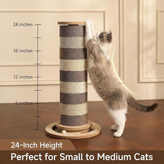 24” Cat Scratching Post – Vertical Cardboard Cat Scratcher for Indoor Cats & Kittens, Modular Replaceable Blocks, Stable Base Cat Post, Space-Saving Scratching Post Tower