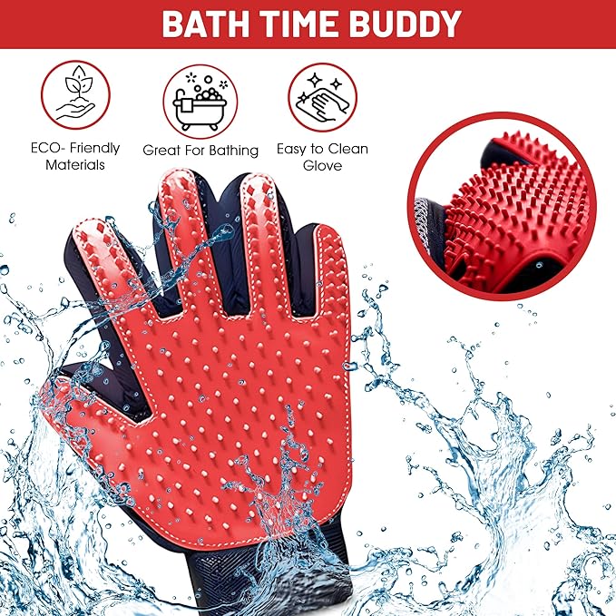 Upgrade Pet Grooming Gloves, Grooming Gloves for Dogs, Cats, Rabbits & Horses with Long and Short Hair, Efficient Pets Hair Remover Mittens - 1 Pair (Red)