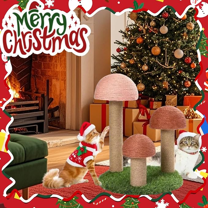 PowerKing Cat Scratching Post, Mushroom Claw Scratching Post for Cat, Natural Sisal Cat Scratchers with 3 Mushroom Pole, Cat Interactive Toys