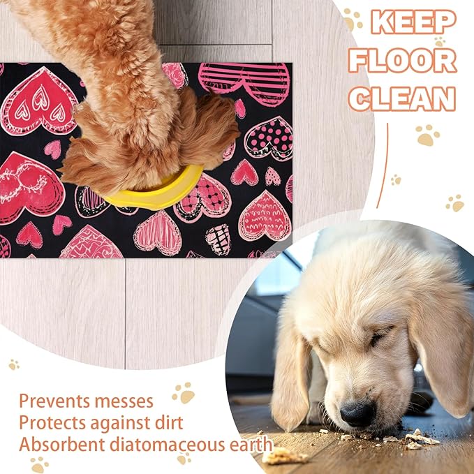 Valentines Day Dog Food Mat for Floors Absorbent, Quick Dry Water Dispenser Mat for Food, Water, Pet Supplies 16" x 24", Love Heart