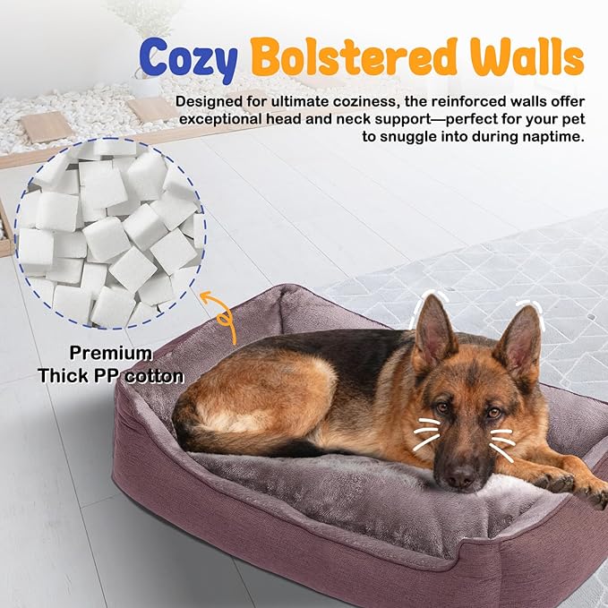 Makigued Rectangle Dog Bed for Large Size Dog with Removable Washable Cover Pet Bed with Bolster Sides Non-Slip Bottom Pet Sofa Waterproof Lining Durable Pet Cuddle, Dark Brown, 35x 26x 7.5 in