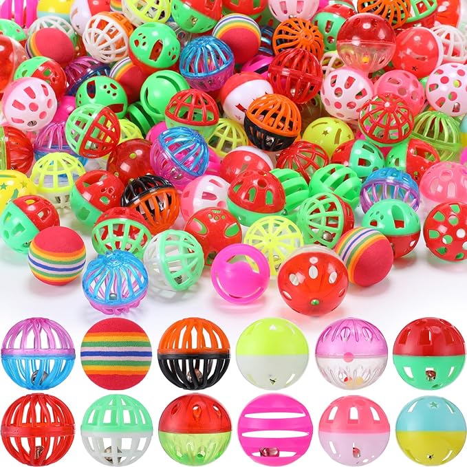300 Pcs Cat Balls Bulk Plastic Lattice Balls Colorful Assorted Pack Kitten Ball with Bells for Indoor Cat Stray Kitten to Chase Pounce Play