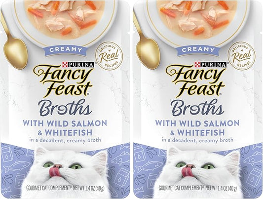 Fancy Feast Purina Lickable Wet Cat Food Broth Topper,Creamy Wild Salmon and Whitefish - 1.4 oz. Pouches,(Pack of 32)